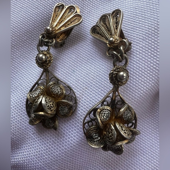 Victorian Etruscan filagree art nouveau Revival gold silver signed 925 Earrings - Picture 12 of 12